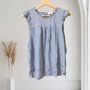 LOFT Striped Babydoll Flutter Sleeveless Blouse Top Size M Blue Coastal Spring